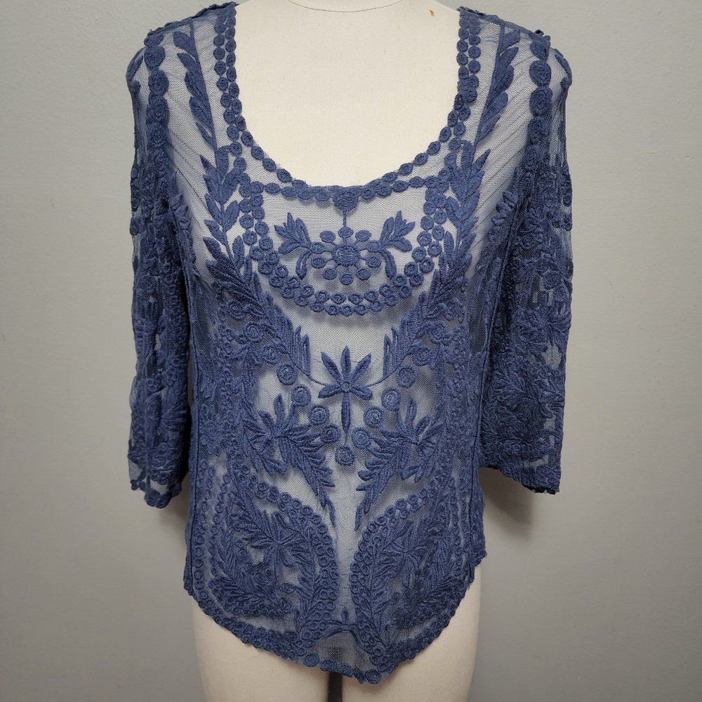 Mascara blue sheer embroidered lace ¾ sleeve blouse size medium